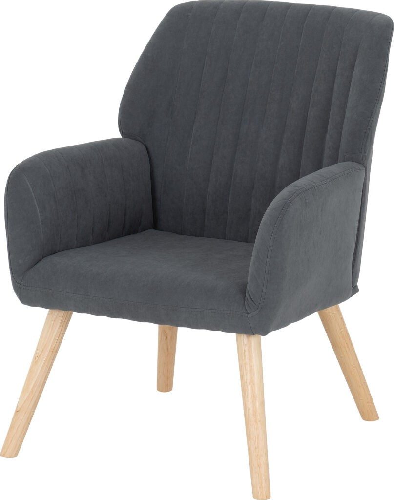 Gray upholstered chair with wooden legs on a white background