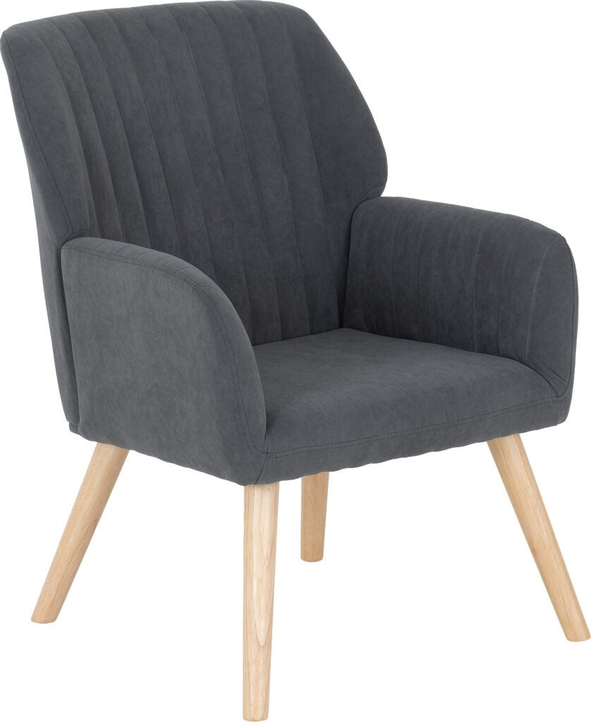 Gray upholstered chair with wooden legs on a white background