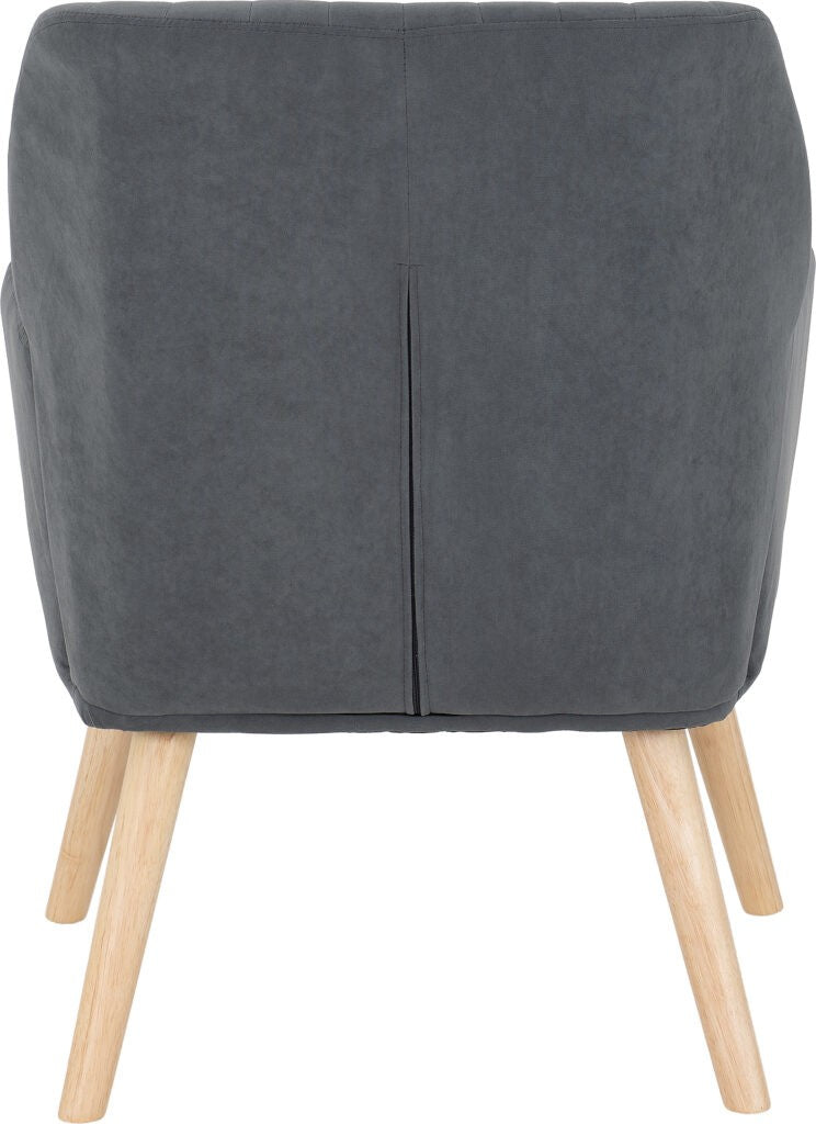 Gray upholstered chair with wooden legs on a white background