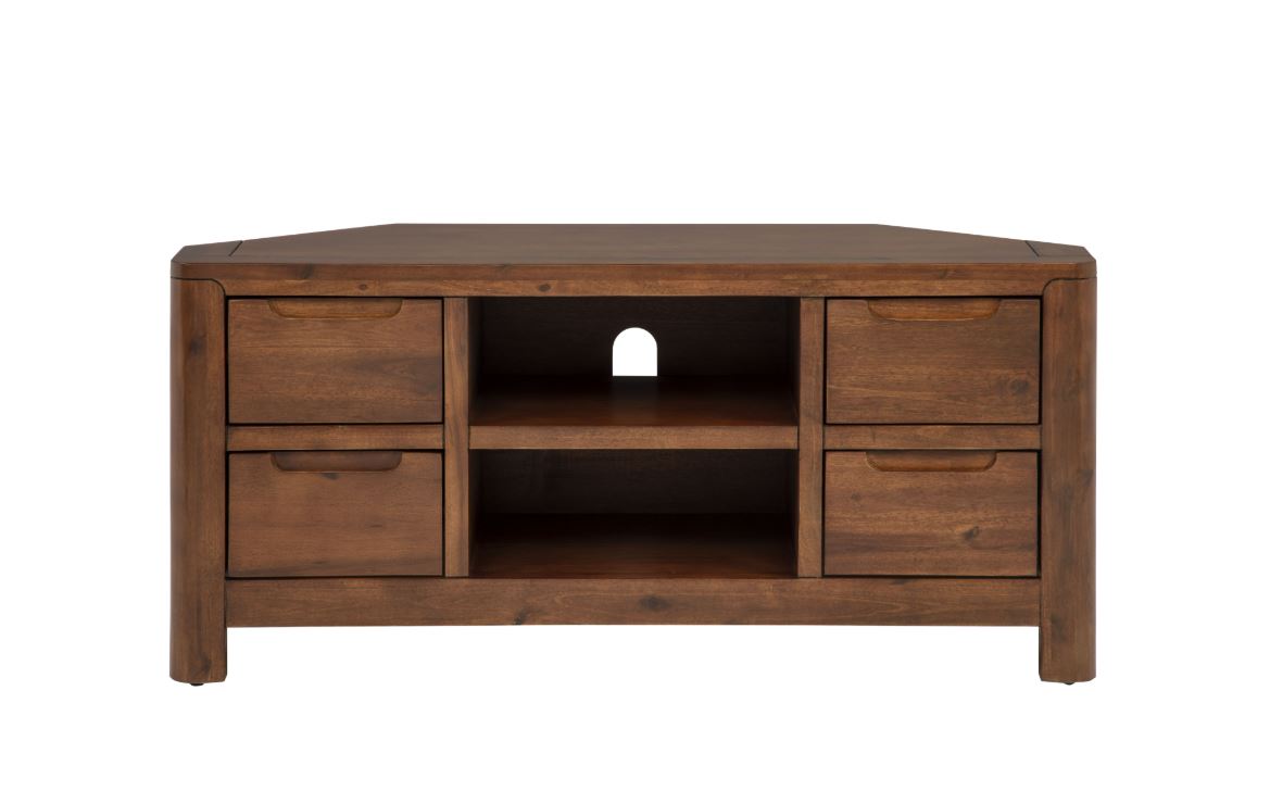 Monterey acacia corner TV unit, front view