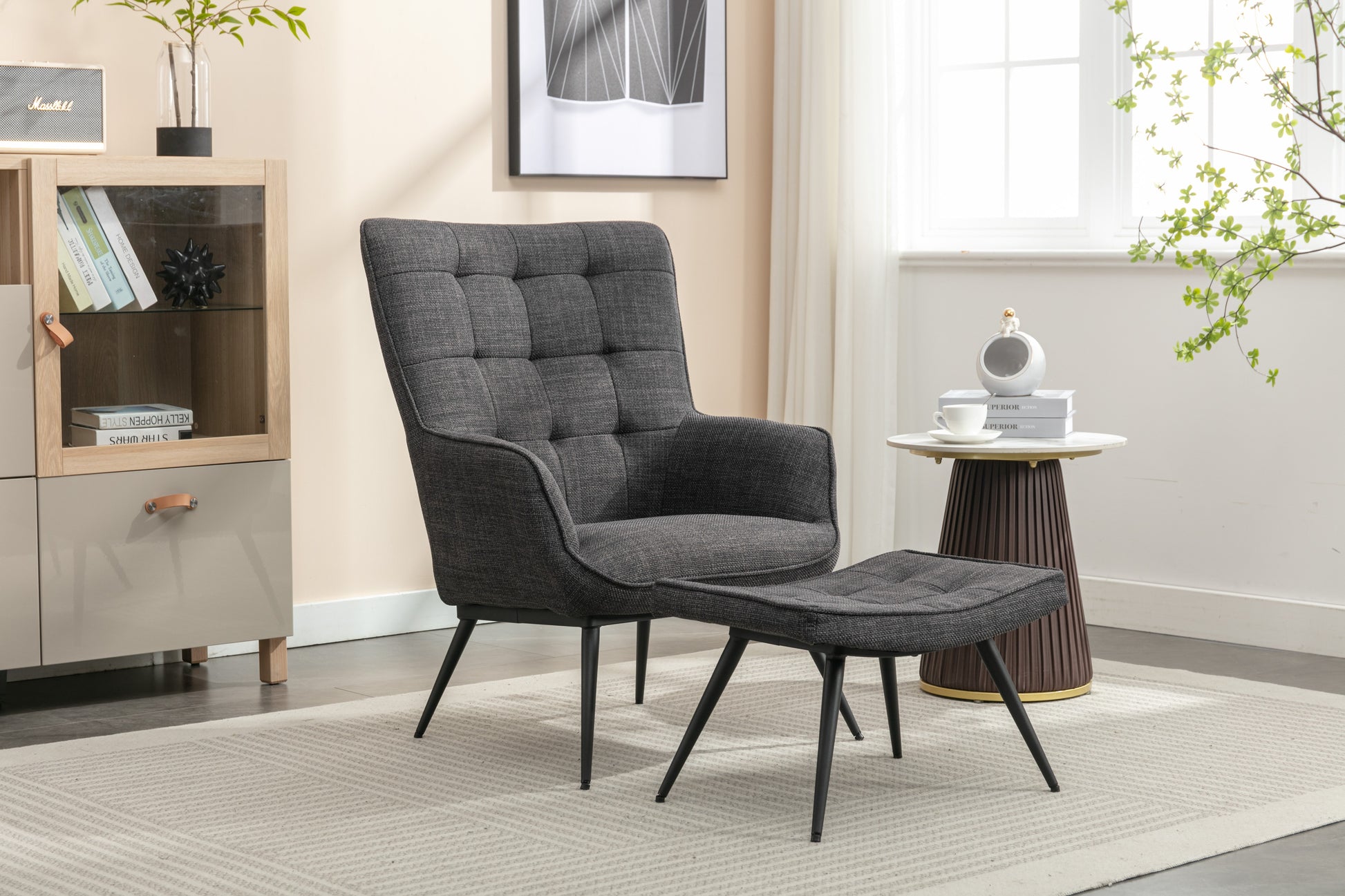 Katelyn Accent Chair with Stool - Charcoal Grey