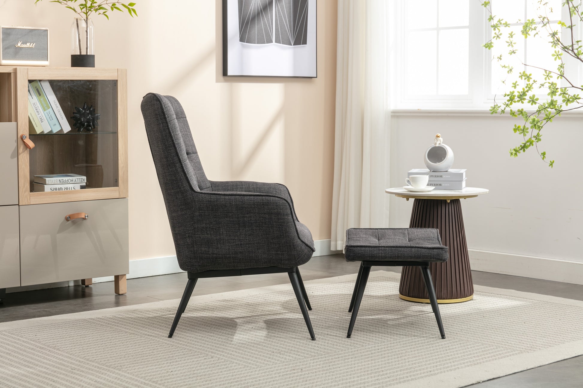 Katelyn Accent Chair with Stool - Charcoal Grey