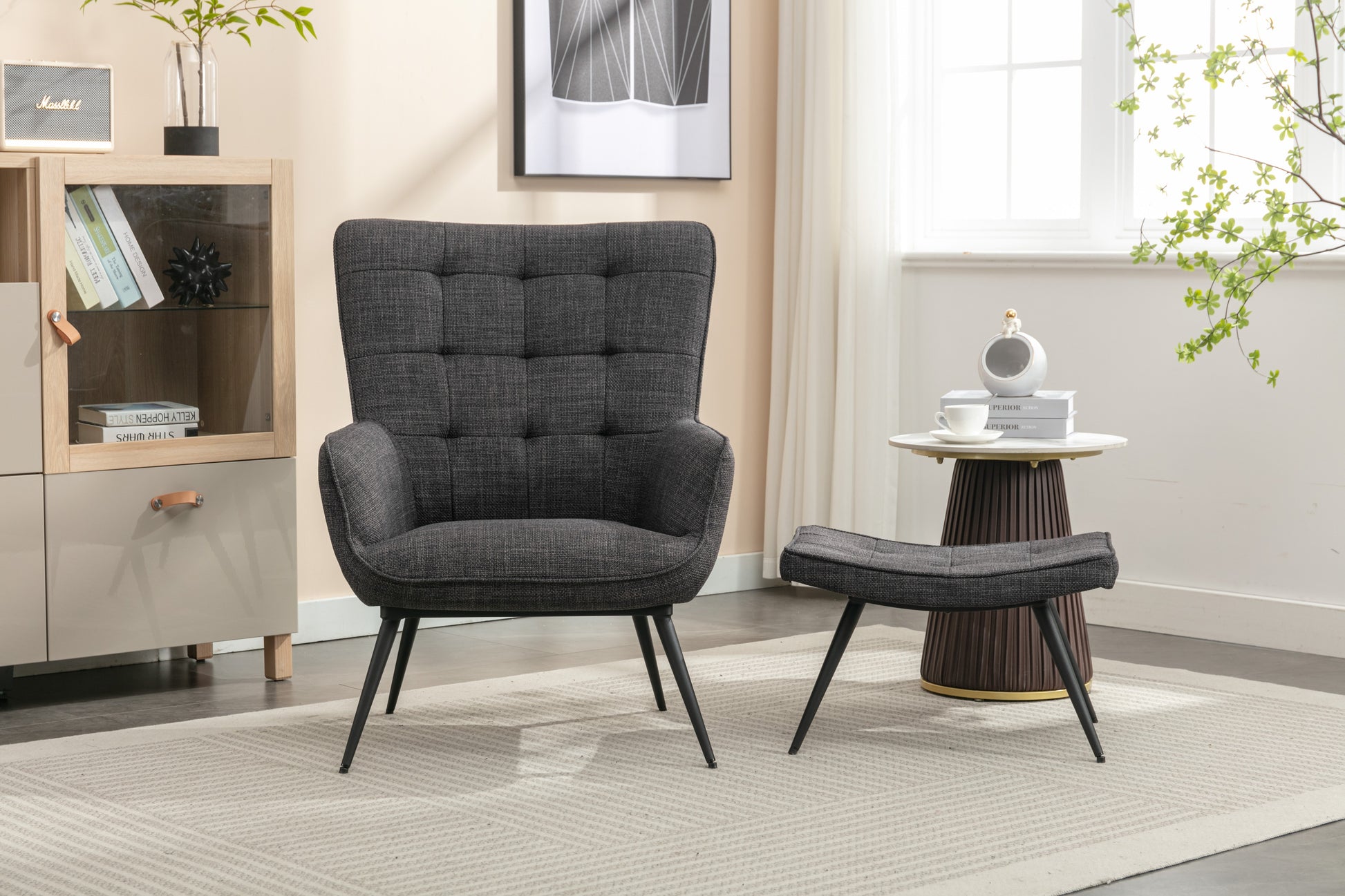 Katelyn Accent Chair with Stool - Charcoal Grey