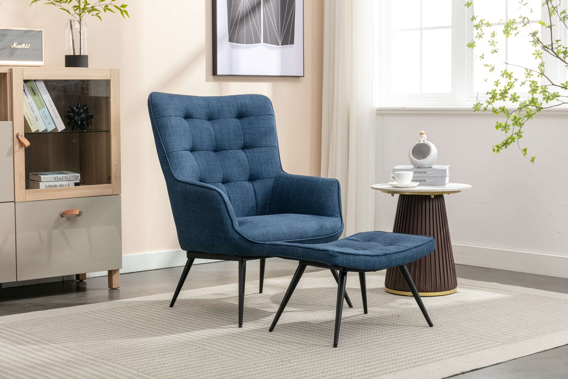 Katelyn Accent Chair with Stool - Denim Blue