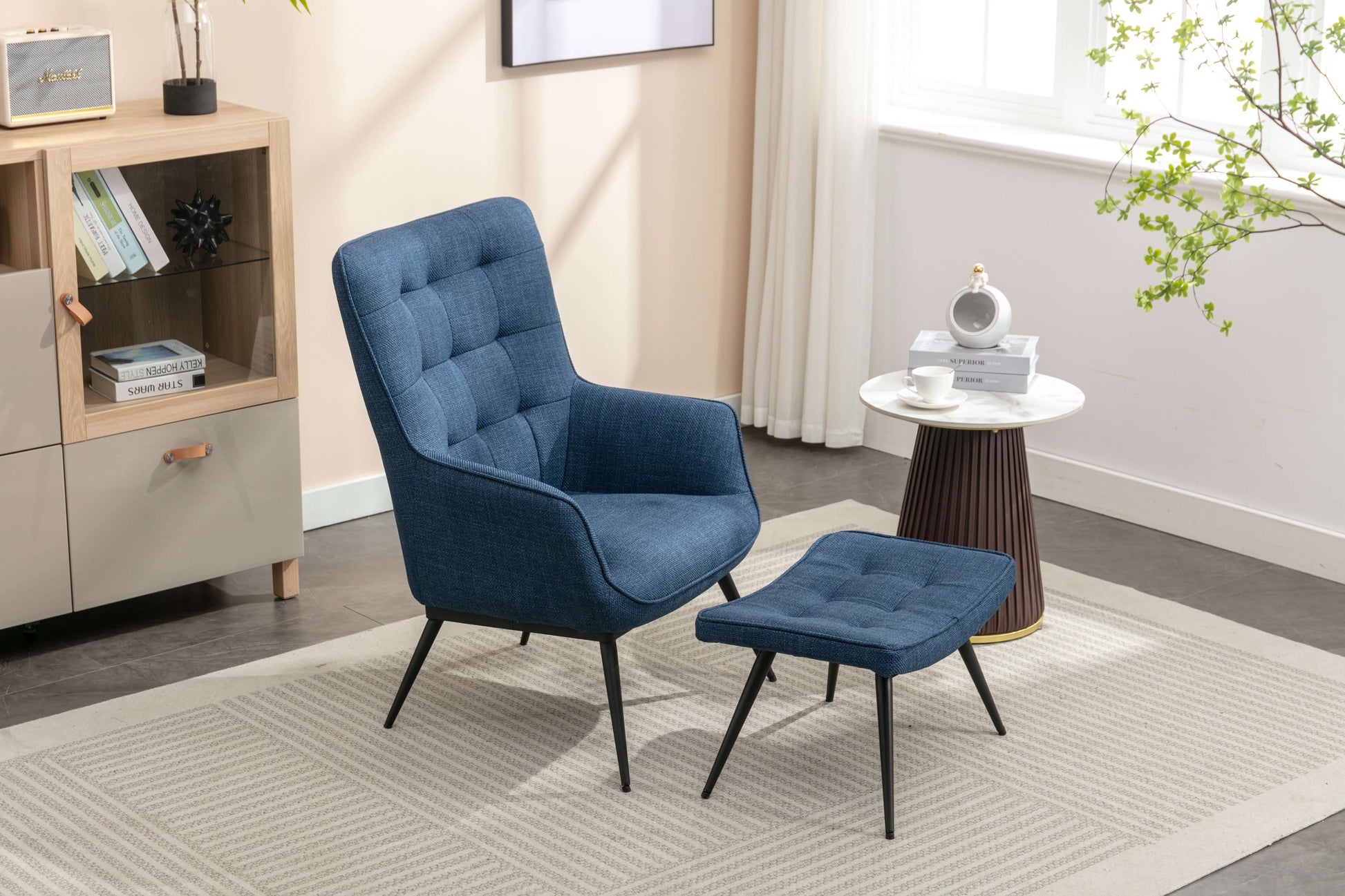 Katelyn Accent Chair with Stool - Denim Blue