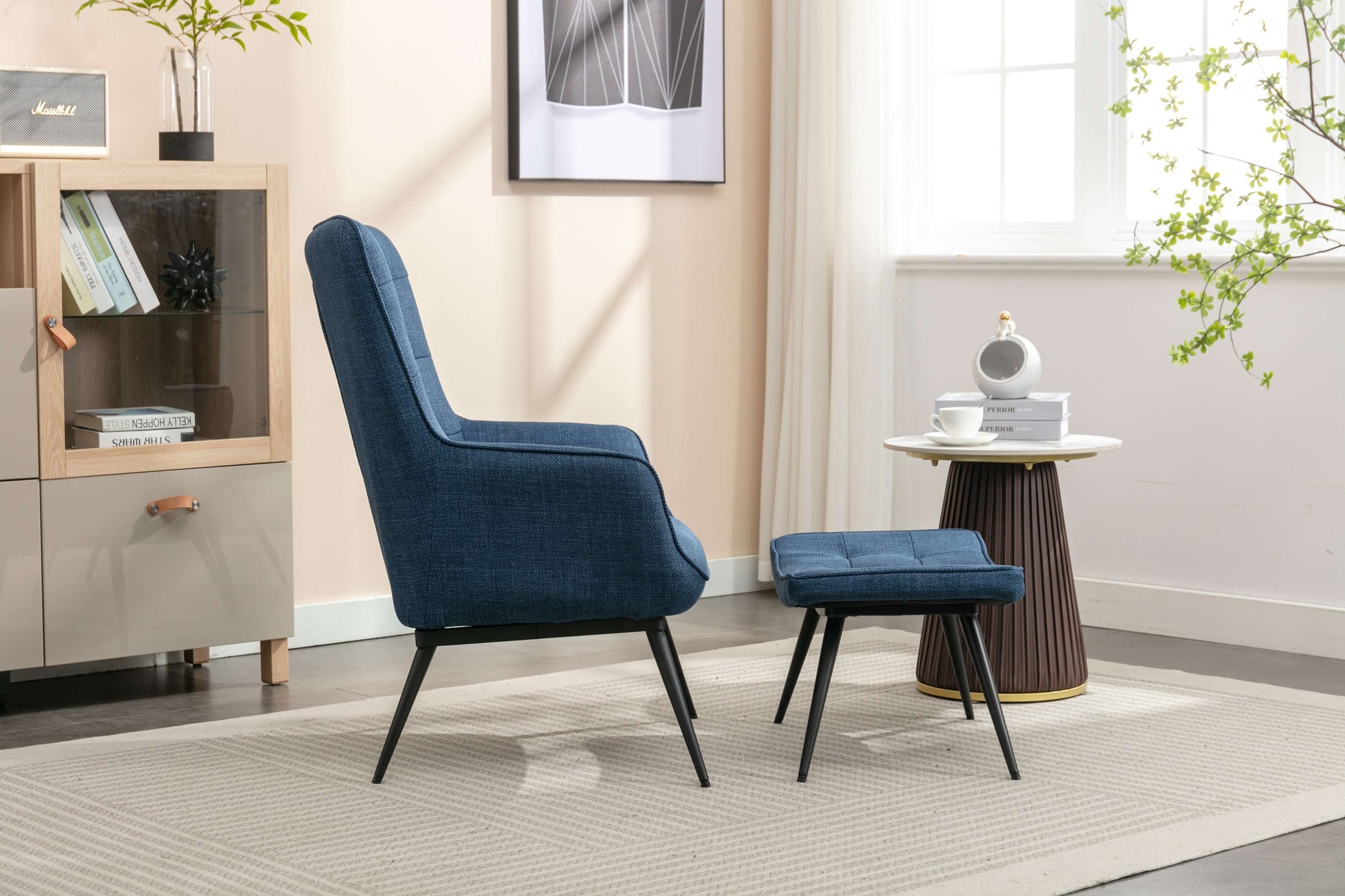 Katelyn Accent Chair with Stool - Denim Blue