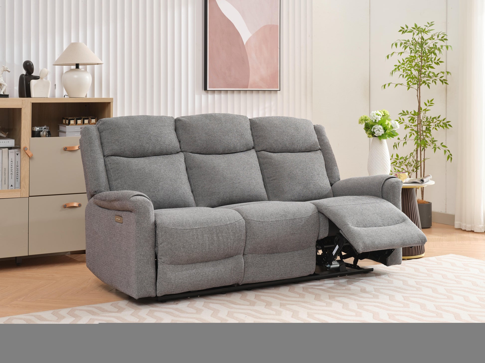 Lexus 3 Seater Electric Reclining Fabric Sofa - Grey 