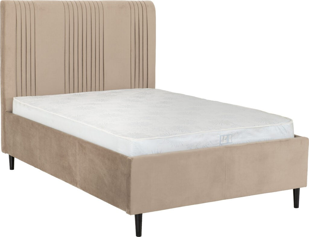 Maine beige upholstered bed with white mattress on a white background