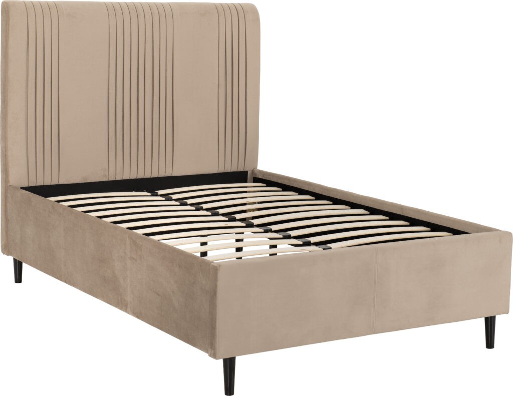 Maine beige upholstered bed frame with slatted design on a white background