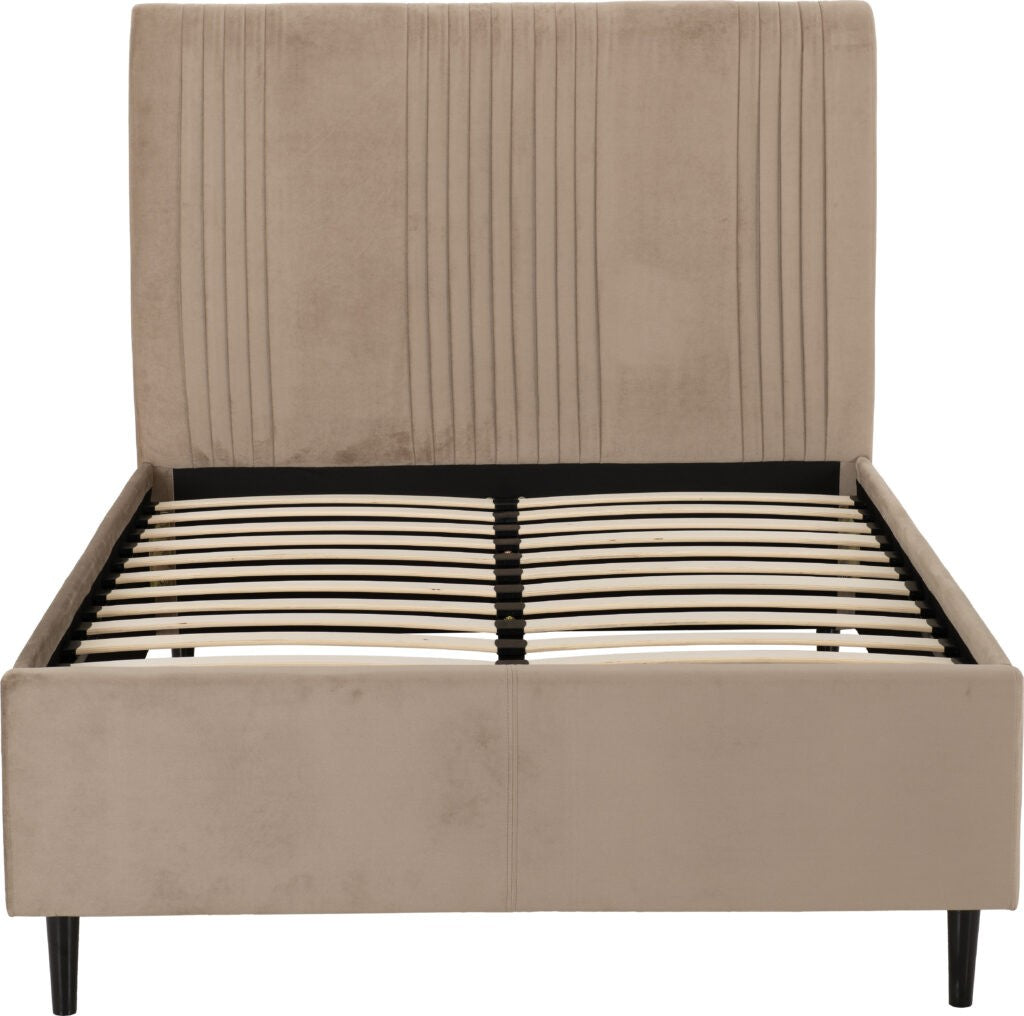 Maine beige upholstered bed frame with wooden slats on a white background