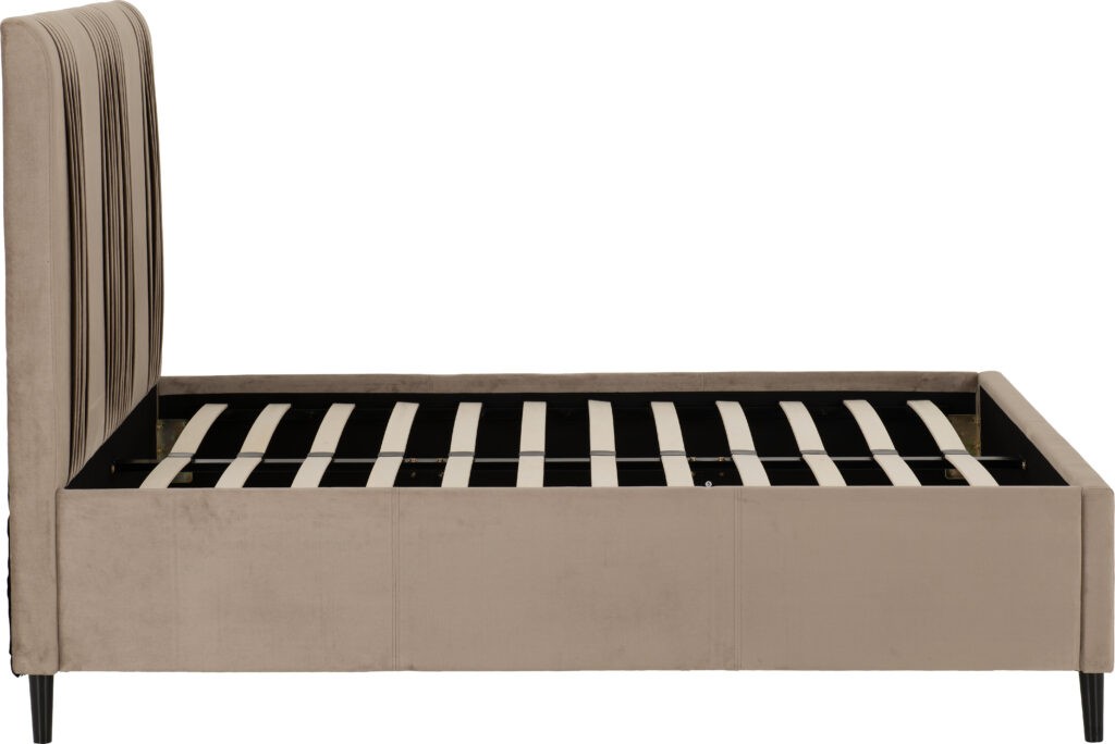 Maine beige upholstered bed with striped mattress on a white background