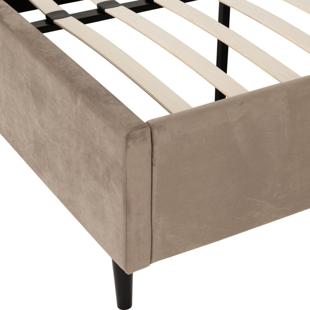 Maine beige bed frame with wooden slats on a white background
