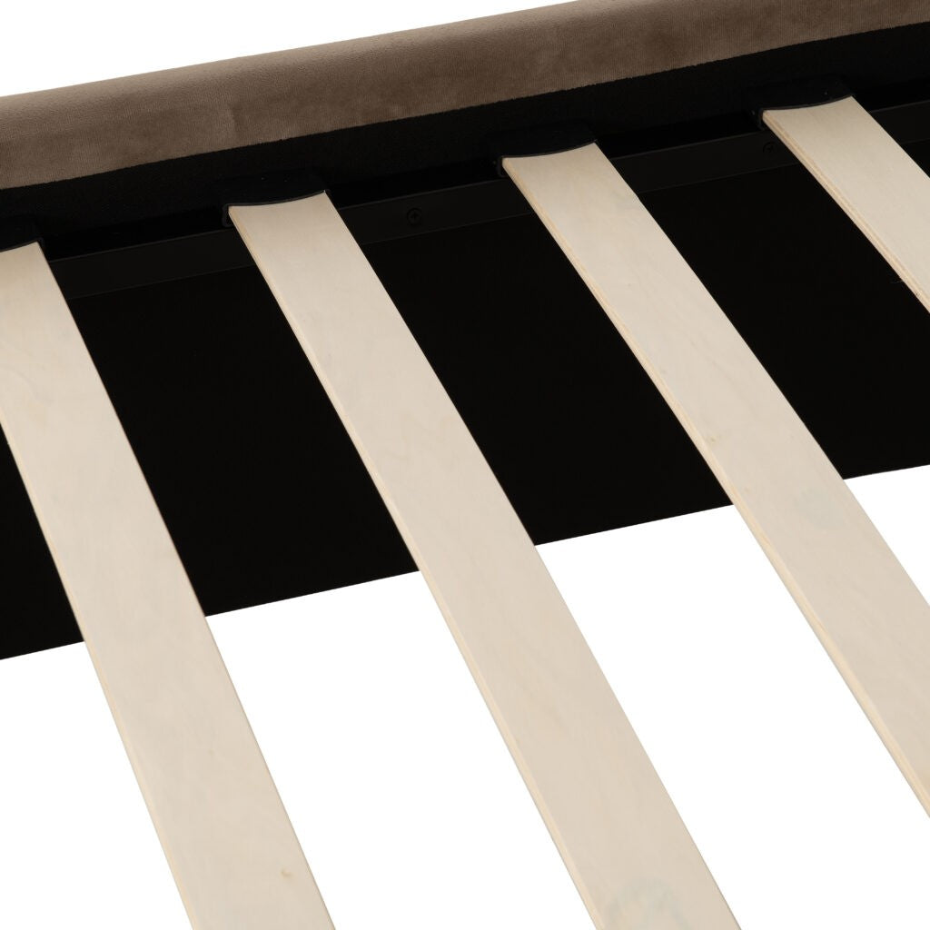Close-up of a black and beige striped fabric texture for Maine bed