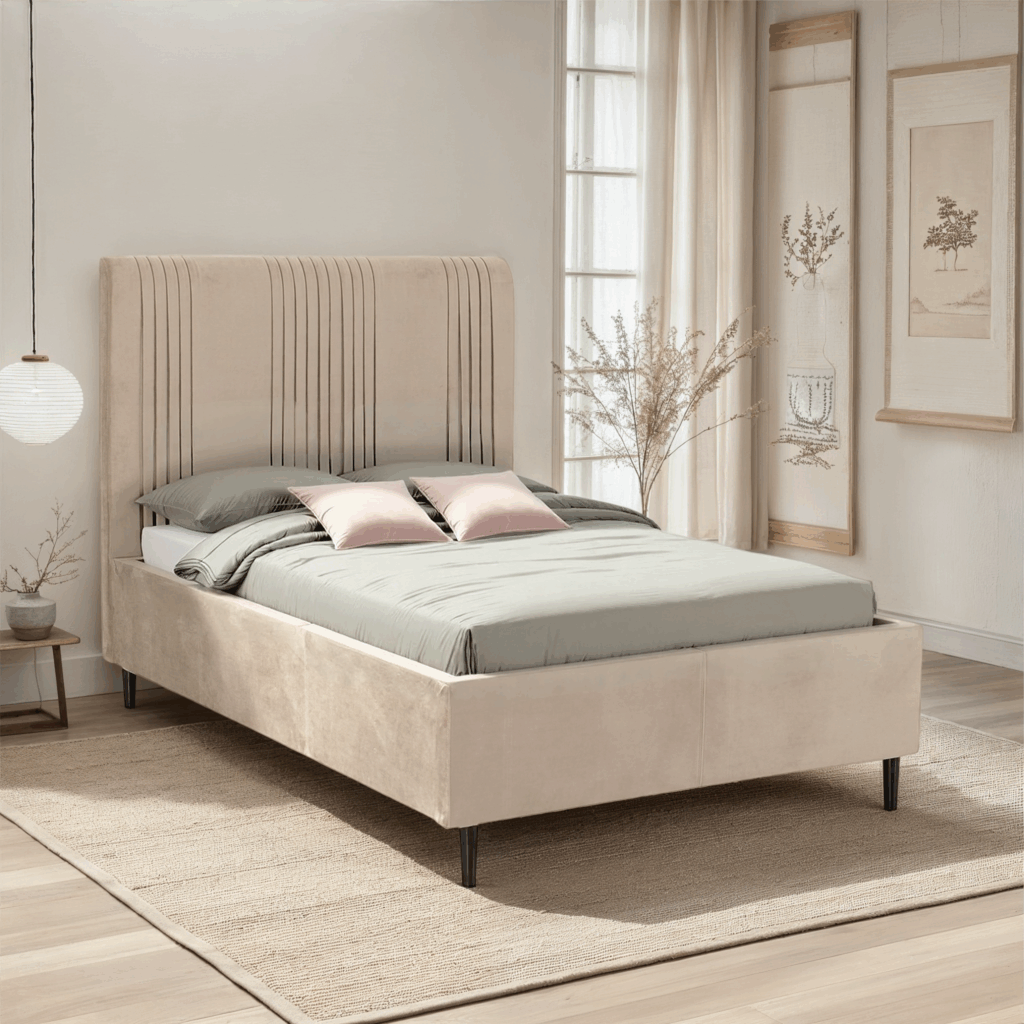 Beige upholstered bed in a bedroom setting with neutral decor