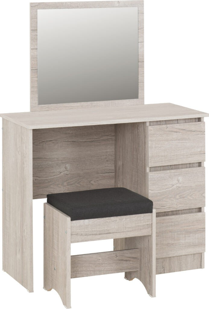 Wooden vanity with mirror and stool on a white background