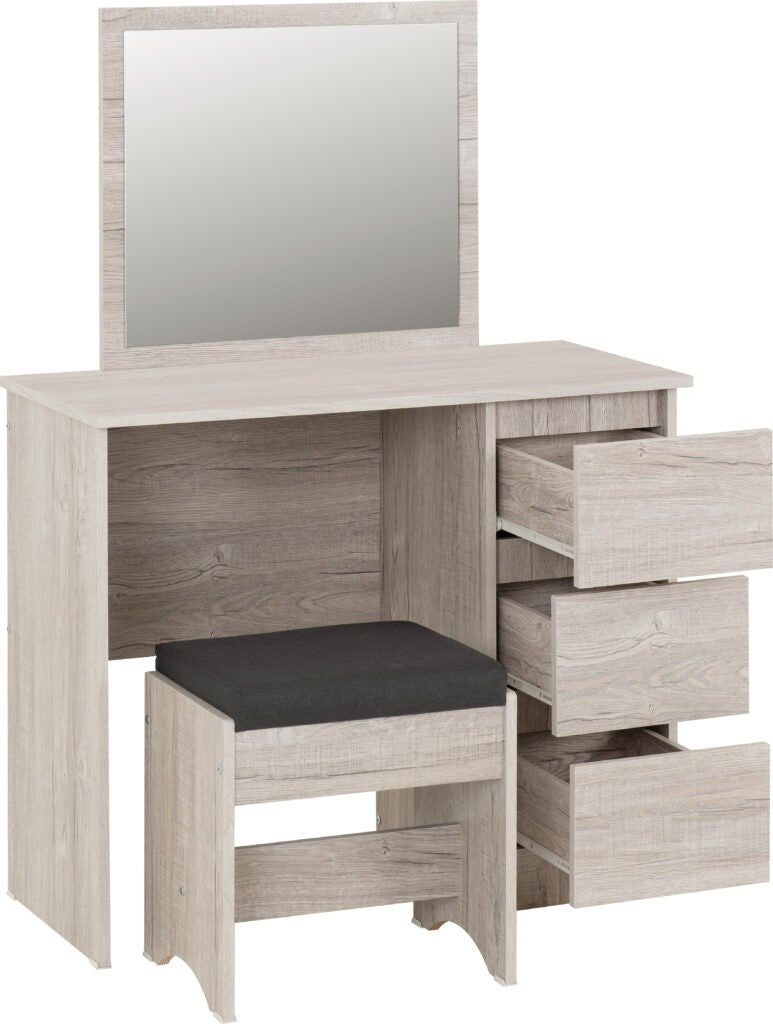 Wooden vanity with mirror and stool on a white background