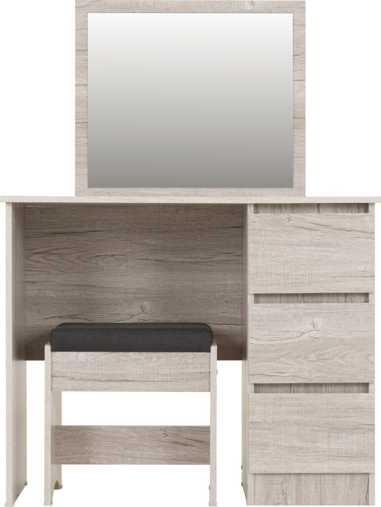 Wooden vanity with mirror and stool on a white background