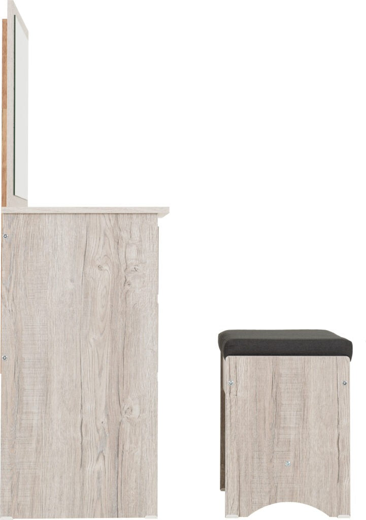Wooden vanity with mirror and matching stool on a white background