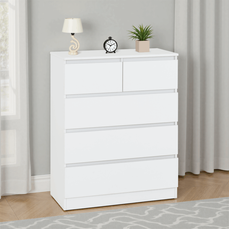 White dresser with decorative items in a room with curtains and a rug.
