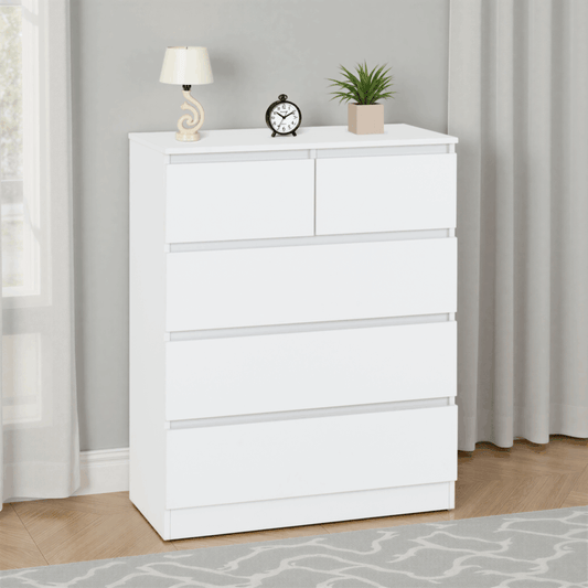 White dresser with decorative items in a room with curtains and a rug.