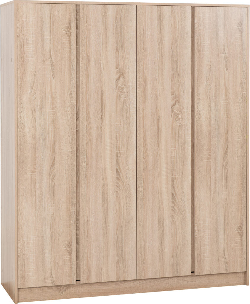 Wooden wardrobe with a light brown finish on a white background