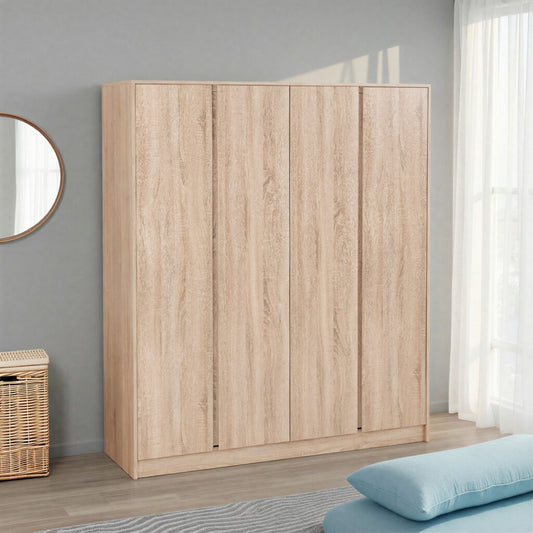 Wooden wardrobe in a room with a mirror and basket on a gray wall.