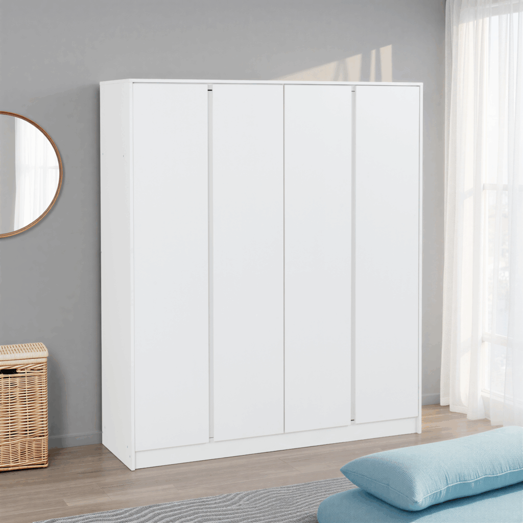 White wardrobe in a room with a gray wall, wicker basket, and light blue cushion.