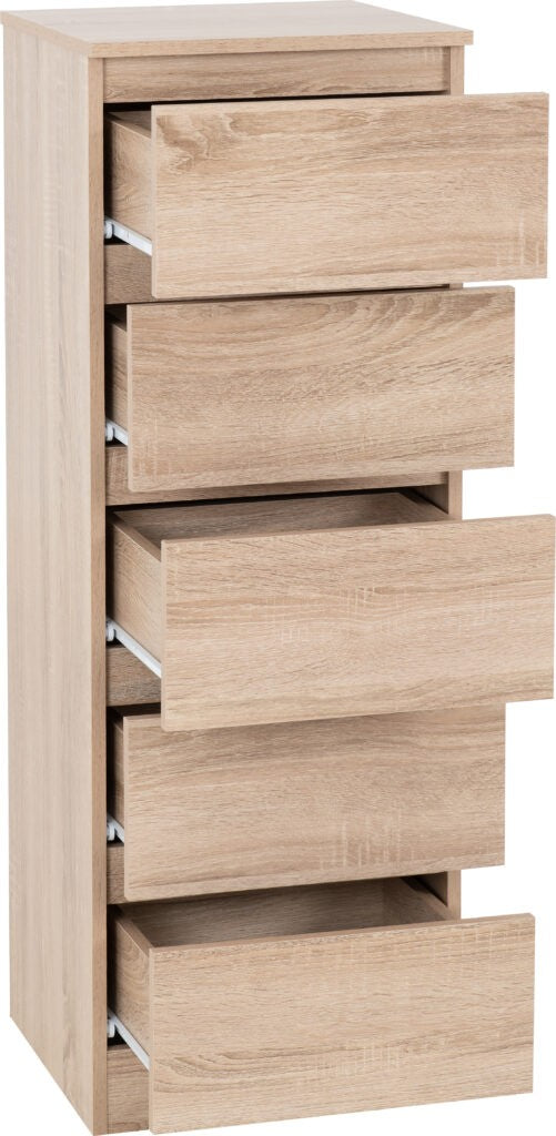 Malvern 5 Drawer Narrow Chest – Sonoma Oak Effect with five drawers in a light finish