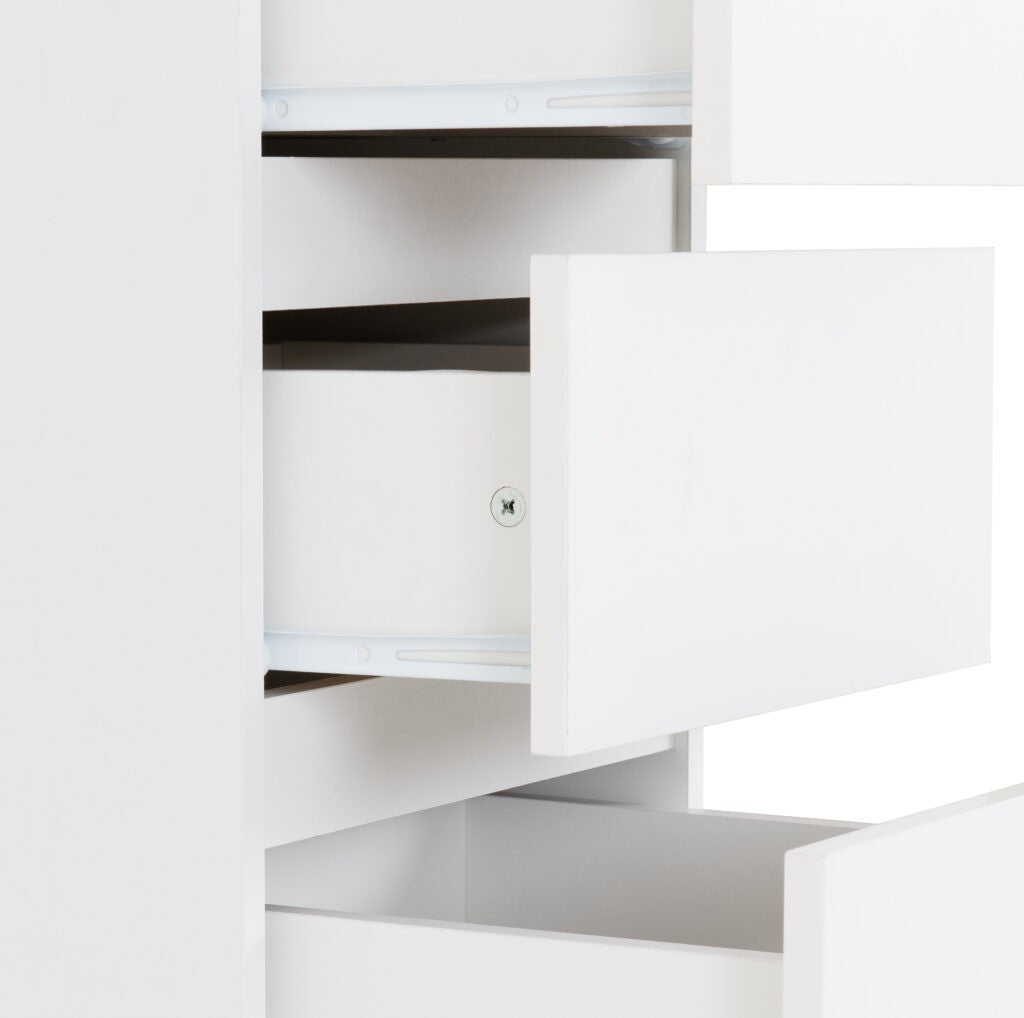 Malvern 5 Drawer Narrow Chest with open doors on a white background
