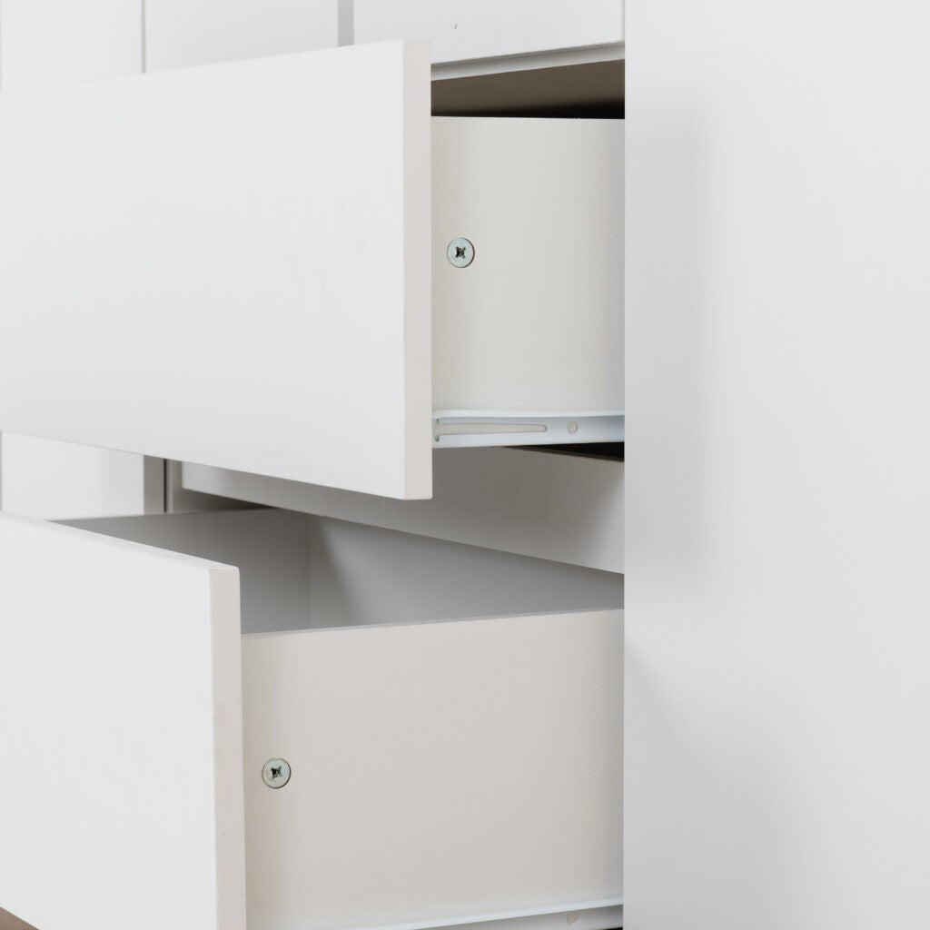 Close-up of a white drawers with open drawers -Malvern 6 Door 2 Drawer Wardrobe - White
