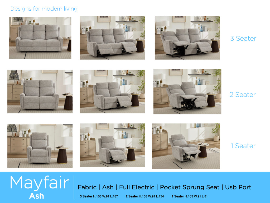 Mayfair 3+1+1 Electric Suite- Ash 