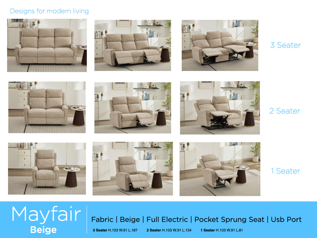 Mayfair 3+1+1 Electric Suite- Beige