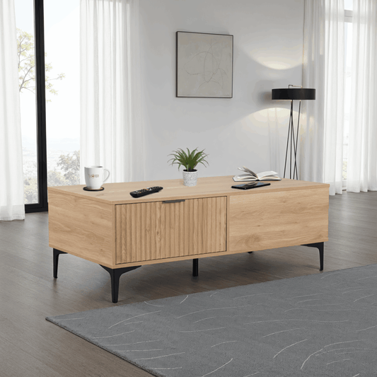 Wooden coffee table in a modern living room with decor items.