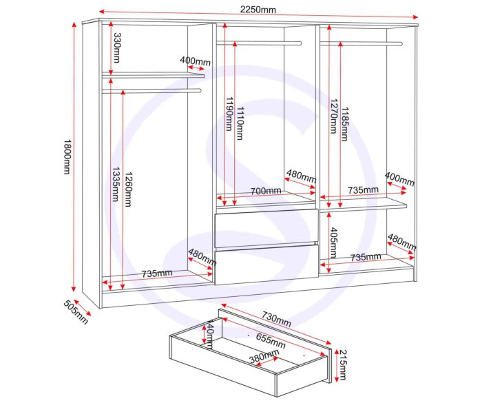 Measurement chart of Malvern 6 Door 2 Drawer Wardrobe - White with dimensions in millimeters