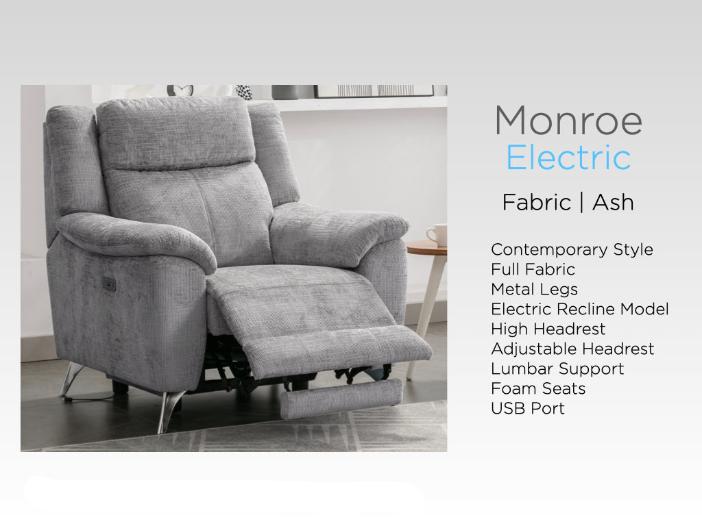 Monroe Electric Recliner Chair - Ash