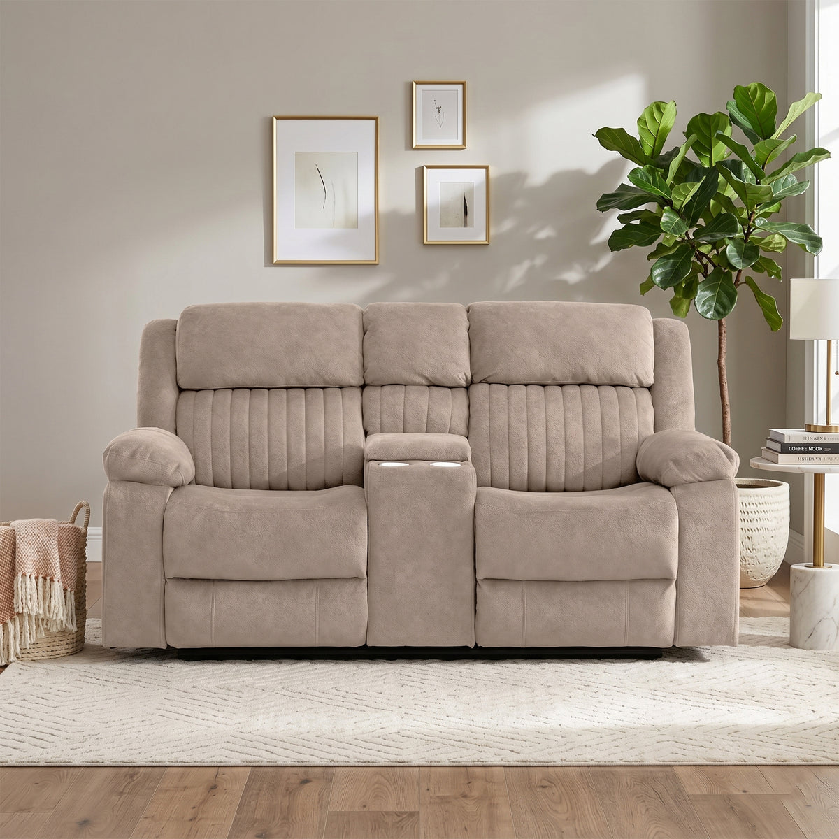 Morgan taupe two seater manual recliner sofa with console in a living room