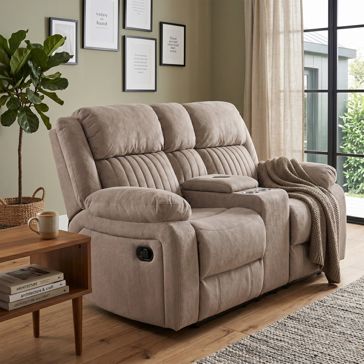 Morgan taupe two seater manual recliner sofa with console upright in a living room
