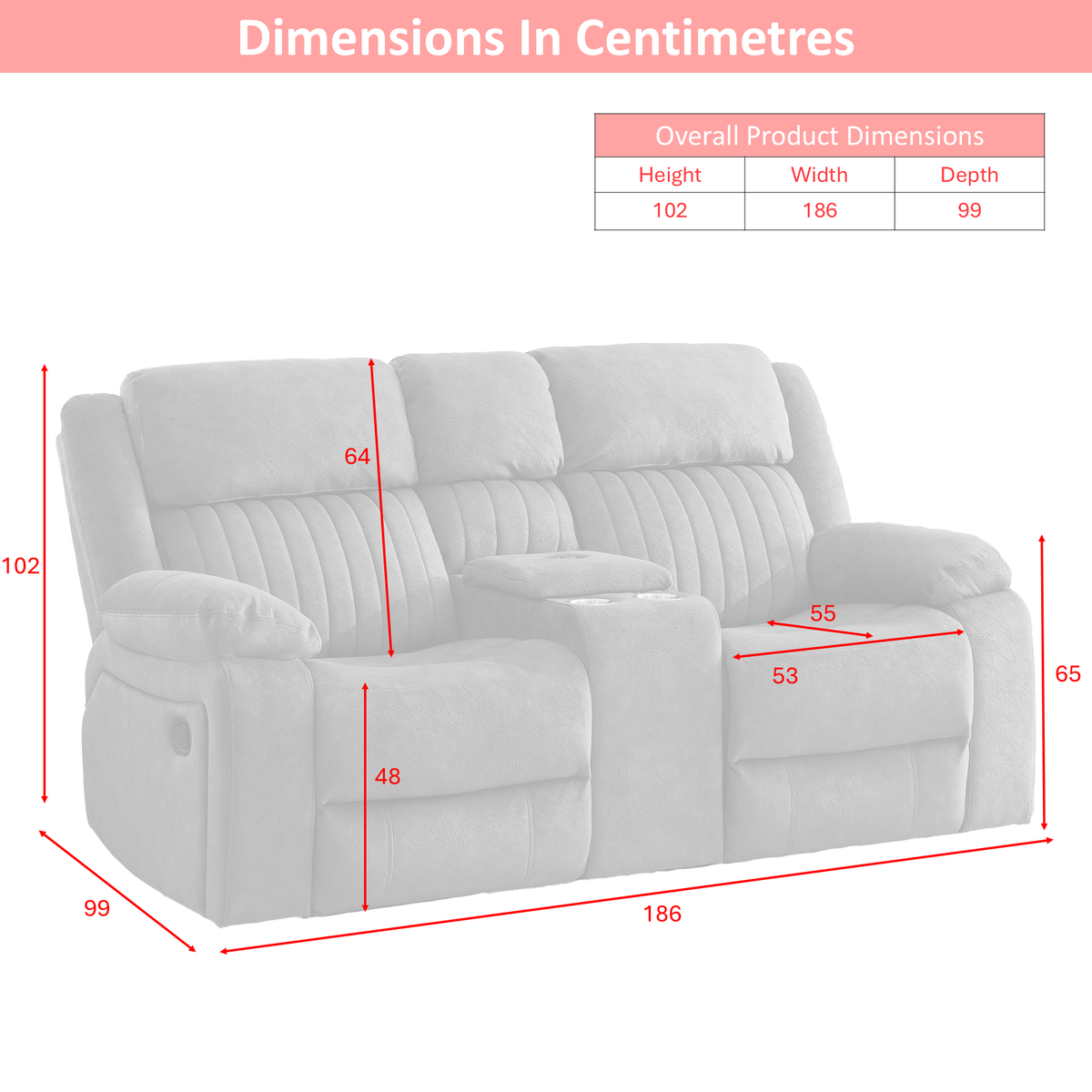 Morgan taupe two seater manual recliner sofa with console dimensions diagram