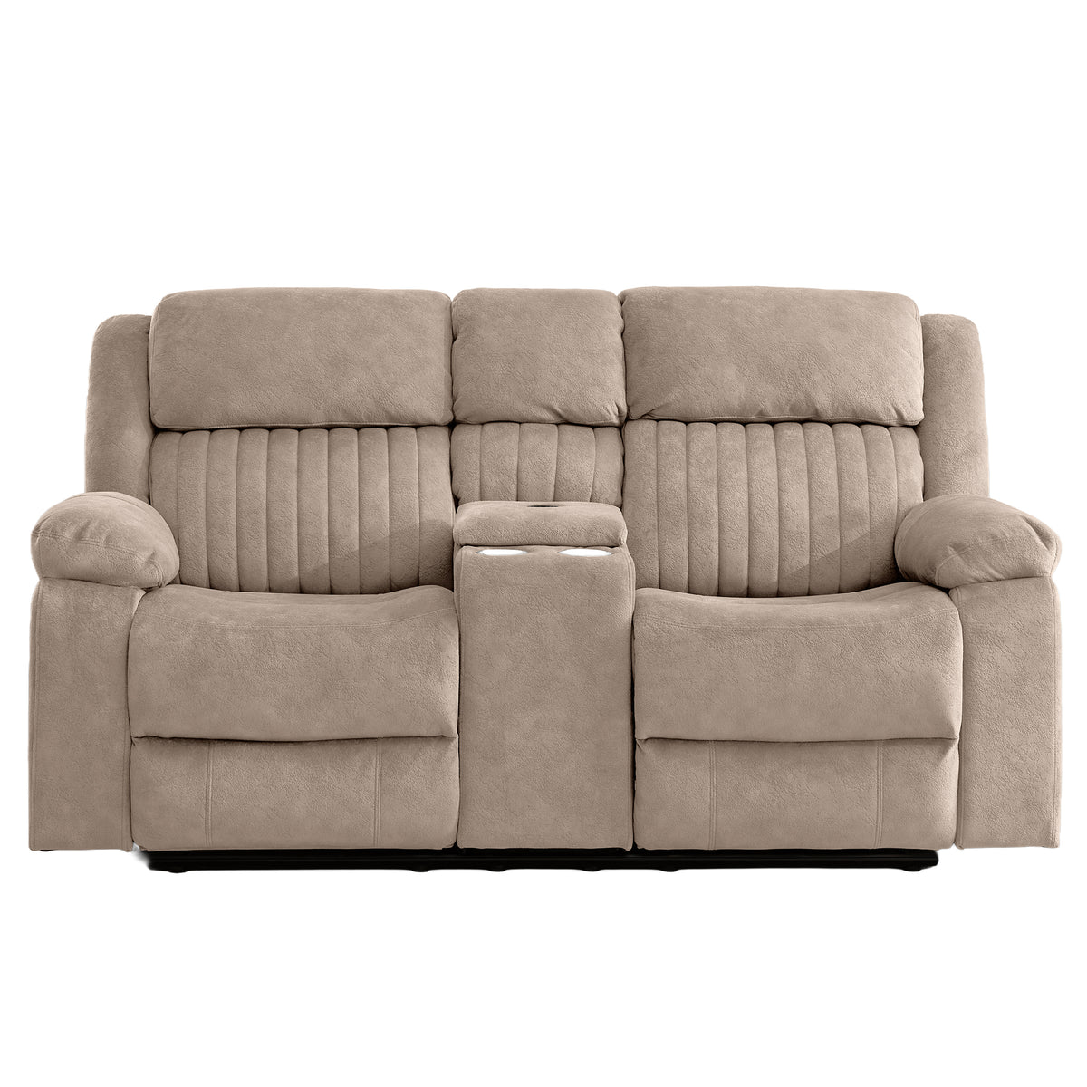 Morgan taupe two seater manual recliner sofa with console with centre console on a white background