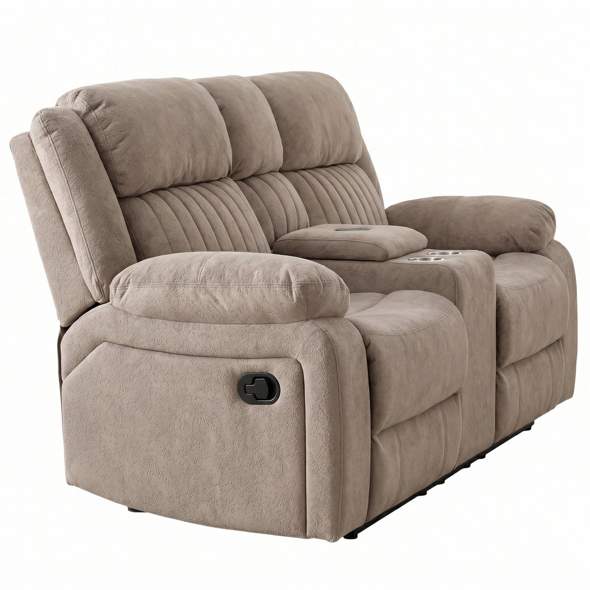 Morgan taupe two seater manual recliner sofa with console with cup holders on a white background