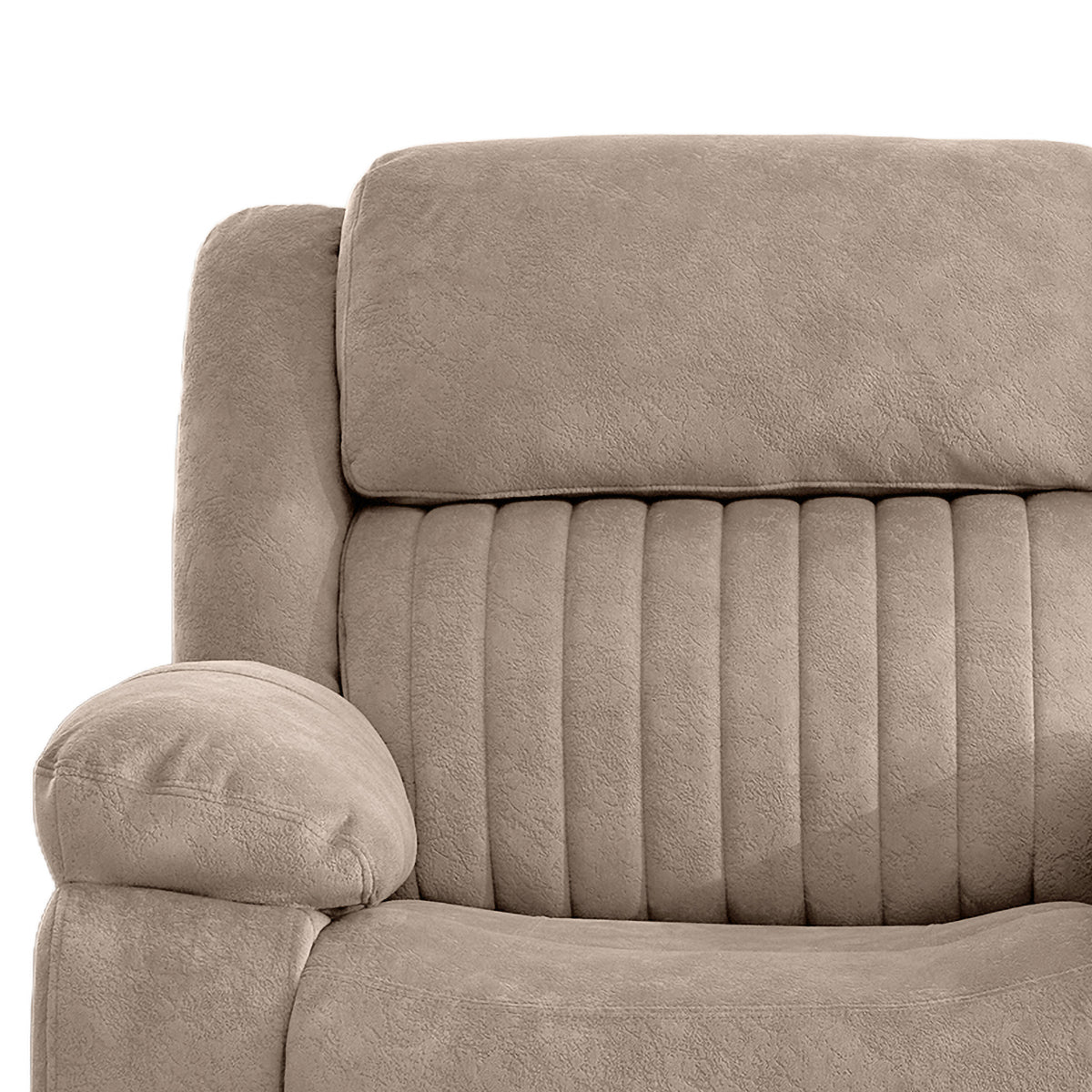 Morgan taupe two seater manual recliner sofa with console padded backrest detail