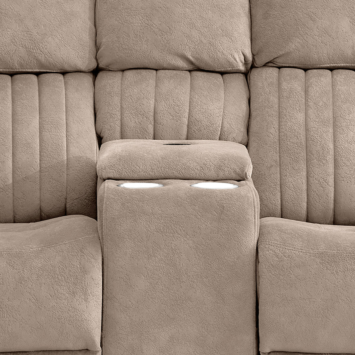 Morgan taupe two seater manual recliner sofa with console centre console detail