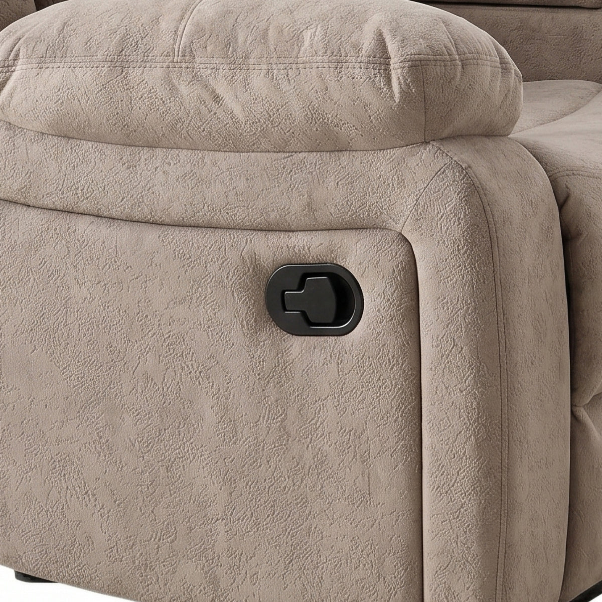 Morgan taupe two seater manual recliner sofa with console manual reclining handle detail