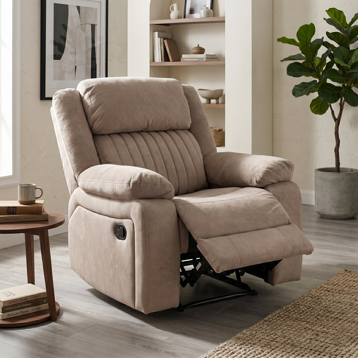 Morgan taupe manual recliner armchair in a living room