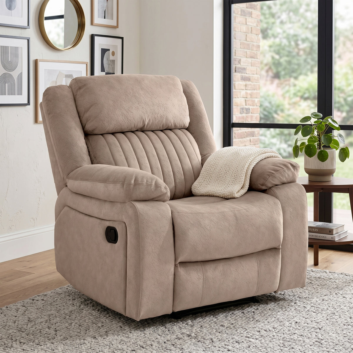 Morgan taupe manual recliner armchair alternate living room view
