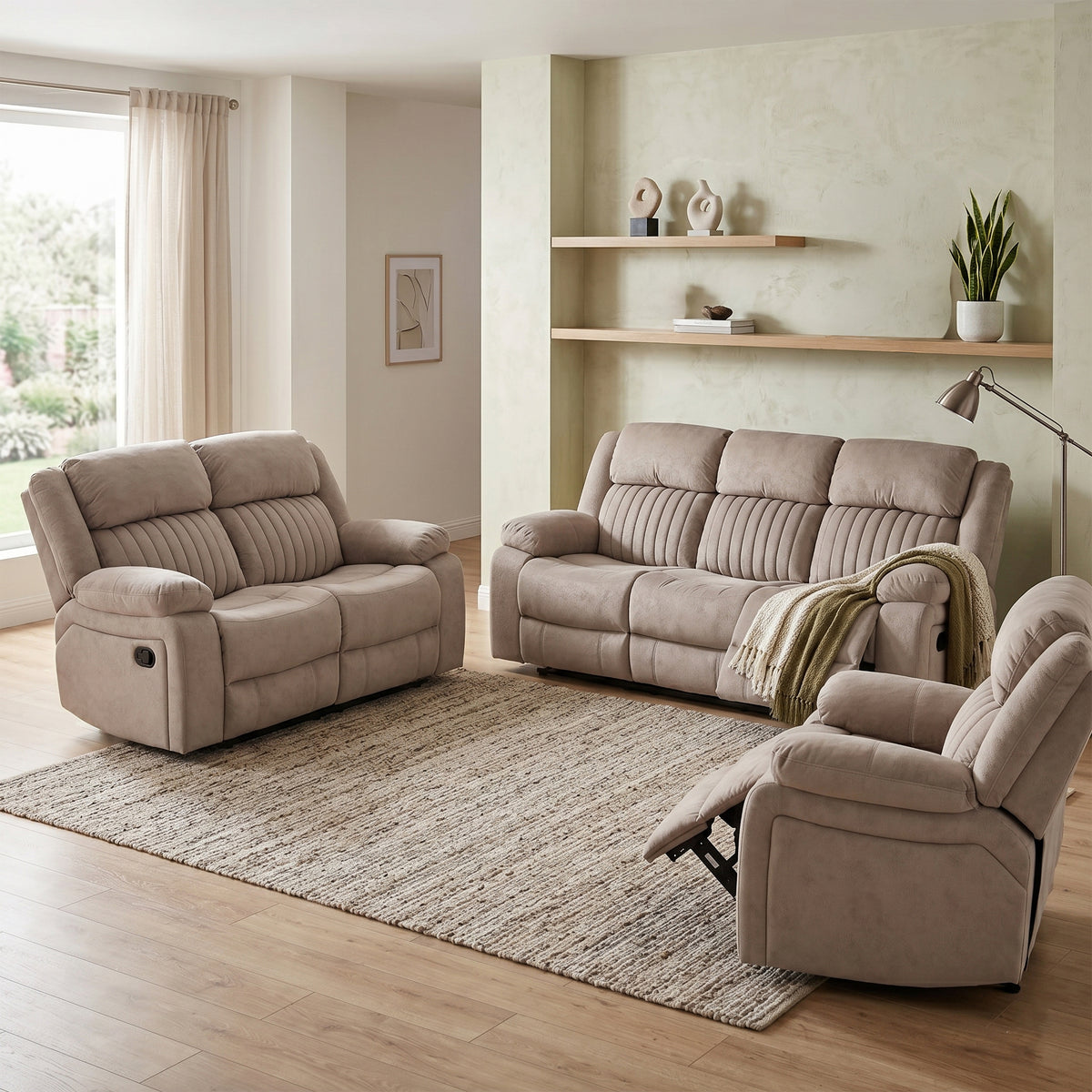 Morgan taupe seating collection in a living room