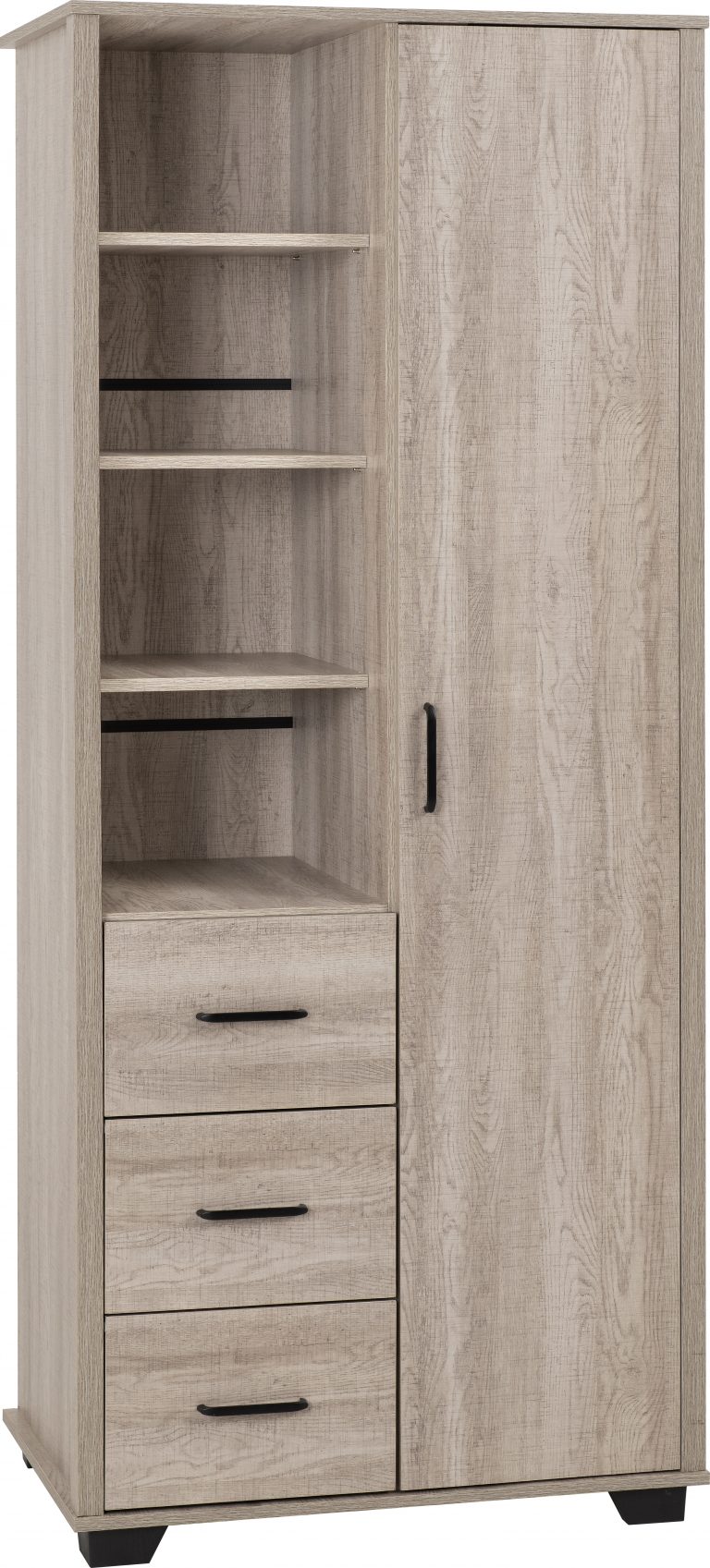 Oliver 1 Door 3 Drawer Open Shelf Wardrobe - Light Oak Effect