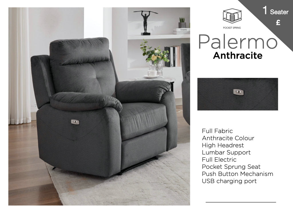 Palermo 3+1+1 Electric Recliner Sofa Suite - Anthracite