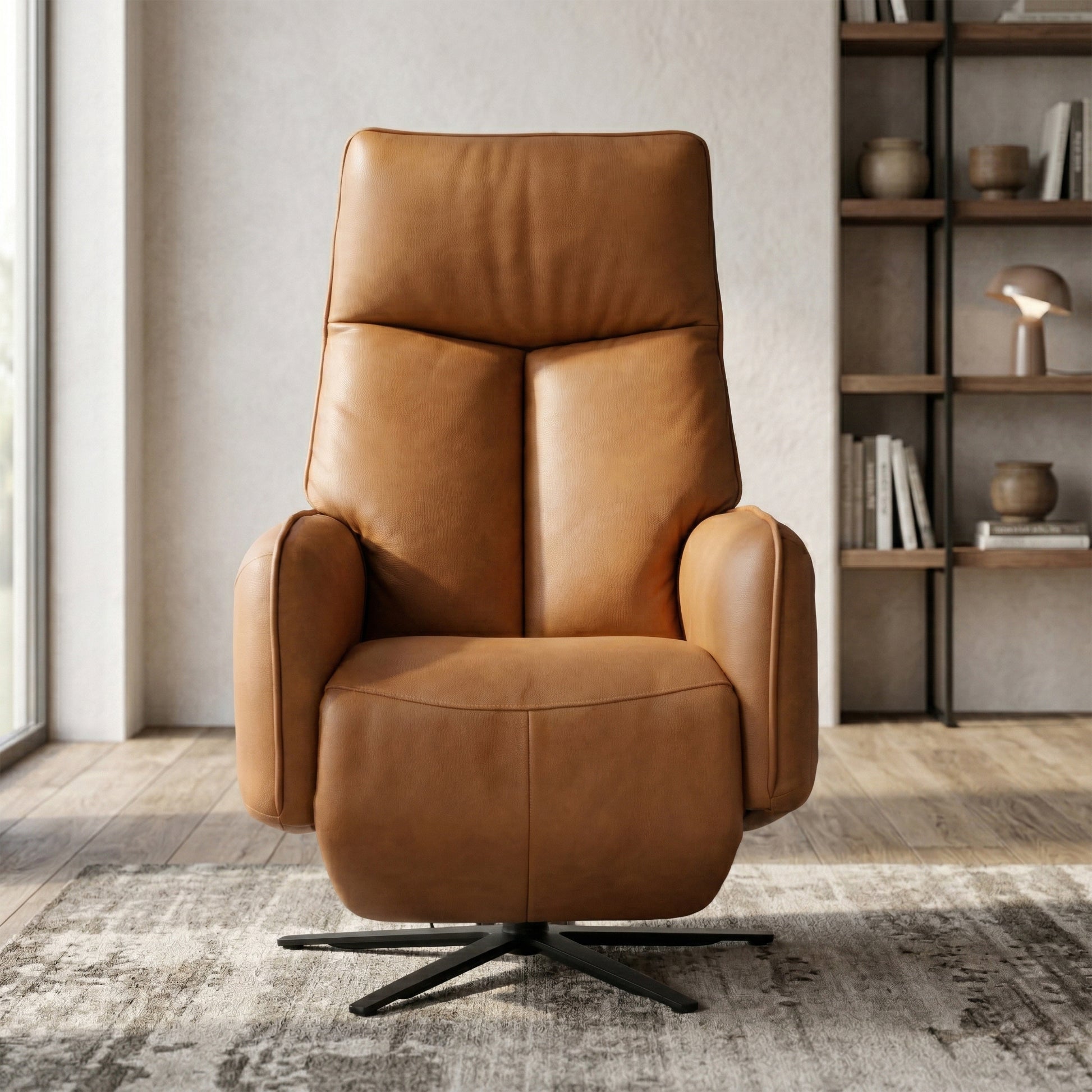 Prestige brown leather armchair in a room with a bookshelf and lamp.