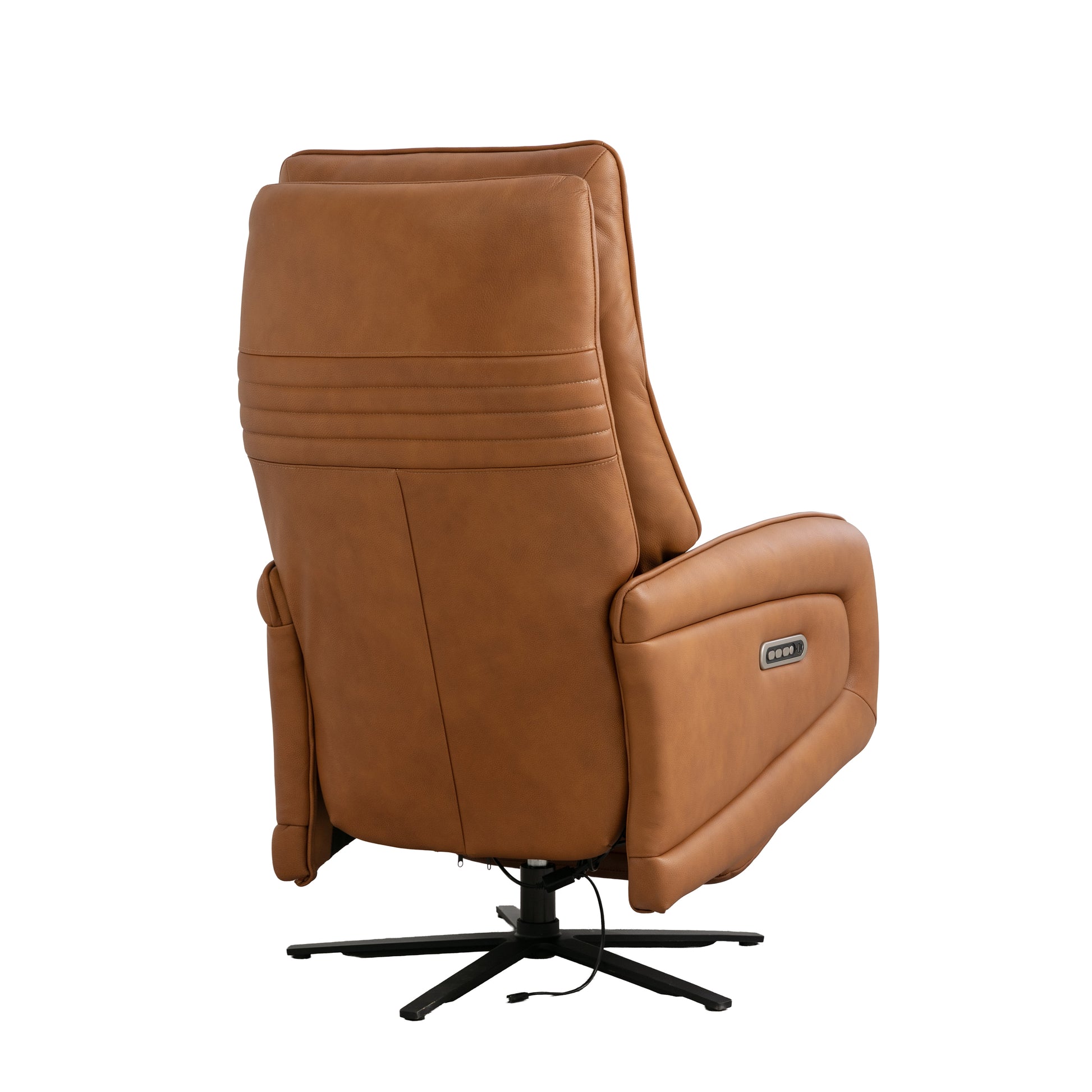 Prestige brown leather recliner chair with black base on a white background